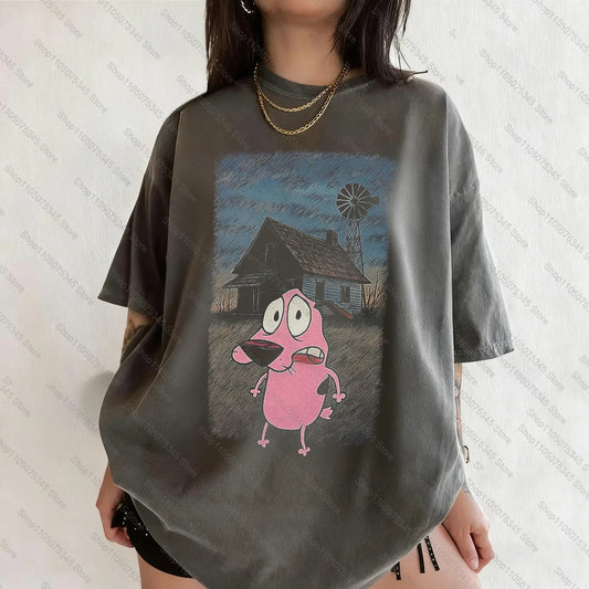 Vintage Courage The Cowardly Dog Cartoon Print Short Sleeve T-Shirt Retro Unisex Graphic Tee 90s Nostalgia Summer Streetwear Tee