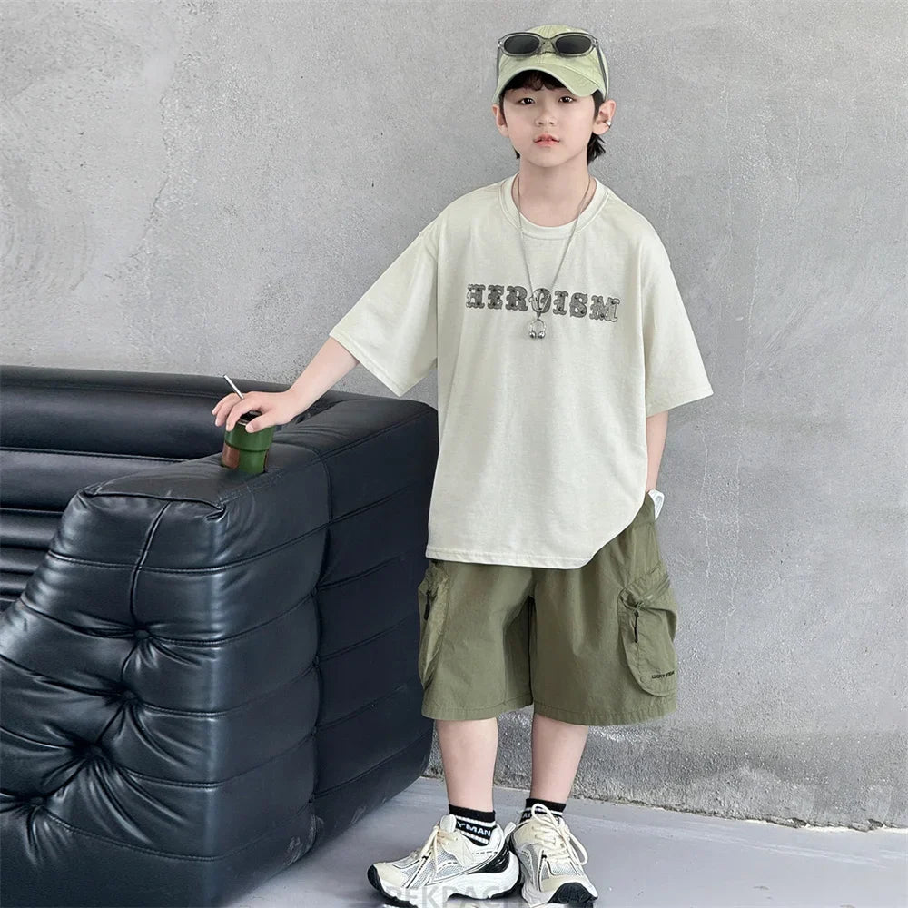 New Summer Korean Children Fashion Suit for Teen Boy Cotton Top And Bottom Set Kids Casual Tshirt Shorts 2PCS Clothing Set 7-16Y