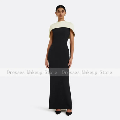 Customized Evening Dress Beige Cape O Neck Floor Length Column Evening Gowns for Women Draped Back Split Black Formal Party Gown