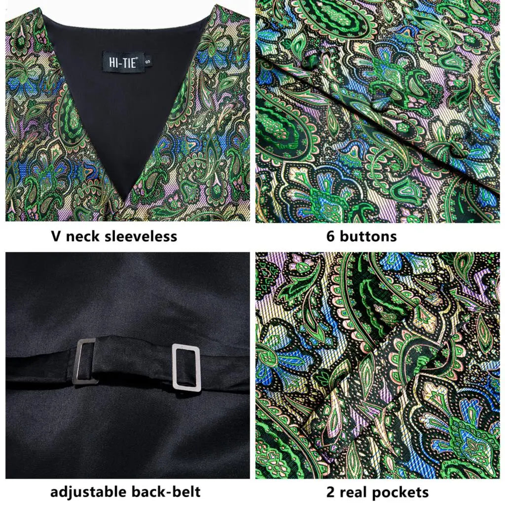 Luxury Mens Vests Black Gold Floral Jacquard Waistcoat Tie Hanky Cufflinks Brooch Set for Men Suit Wedding Office XL