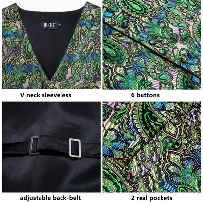 Luxury Gold Black Mens Vests Print Jacquard Waistcoat Tie Hanky Cufflinks Brooch Set for Men Wedding Formal Business Hi-Tie
