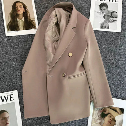Casual Small Suit Jacket Women Fashion Loose Metal Double-Breasted Blazer Coat Korean Occupation Office Formal Lapel Blazers