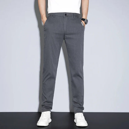 Spring Summer Thin Men's Slim Straight Casual Pants Fashion Korean Solid Color Elastic Comfortable Business Gray Trousers