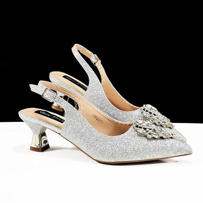 Italian Design Peach Color Pointed Toe Shoe & Bag Set Rhinestone Luxury  Women's High Heels for Parties By QSGFC