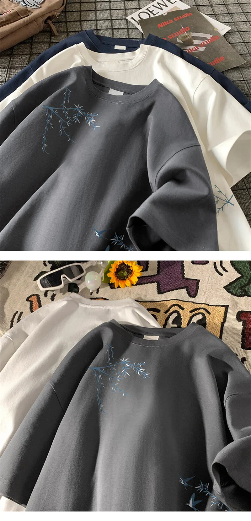 Men's Oversized T-shirts Fashion White 5XL Cotton T Shirt for Men Casual Summer Wear Bird Print Tee Shirts Men Clothing