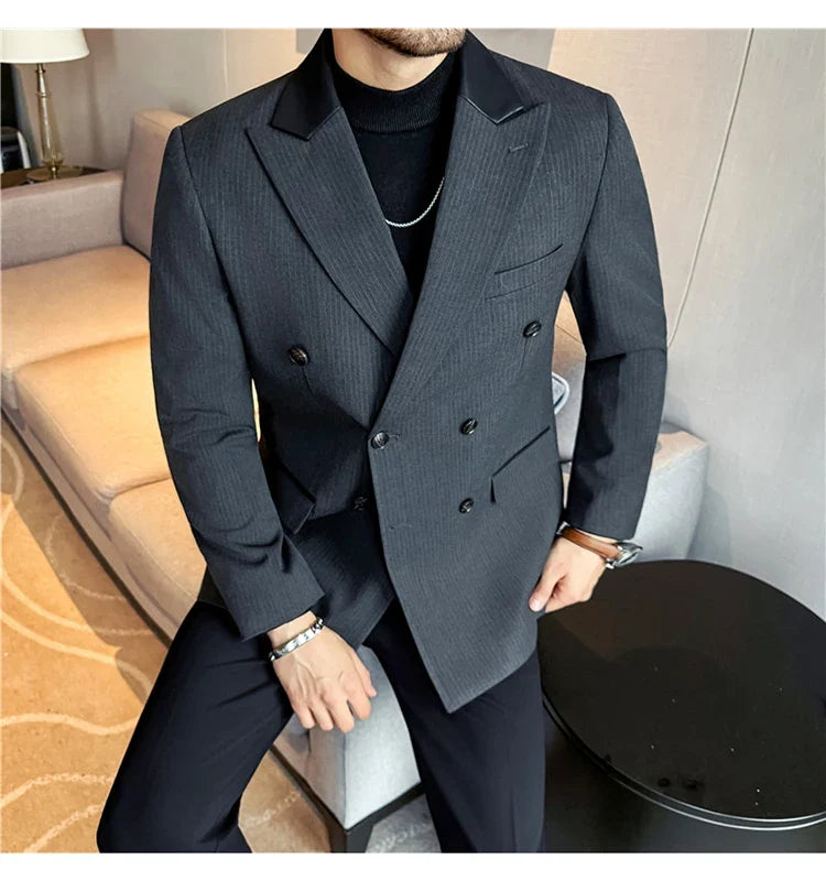 (1 Pcs Jackets) New Thicken Thicken Striped Casual Suit Jacket Fashion Splicing Leather Neck Men's Business Slim Blazers Tuxedos