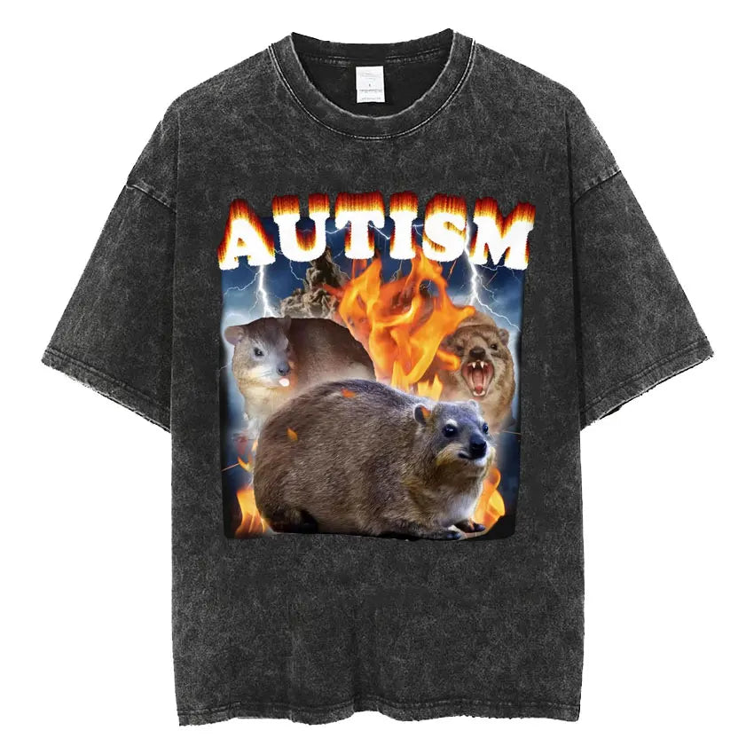 Autism Skeleton Meme T Shirt Human Funny Skull Men Women Harajuku Gothic Vintage Washed T Shirts Oversized Casual Cotton T-shirt