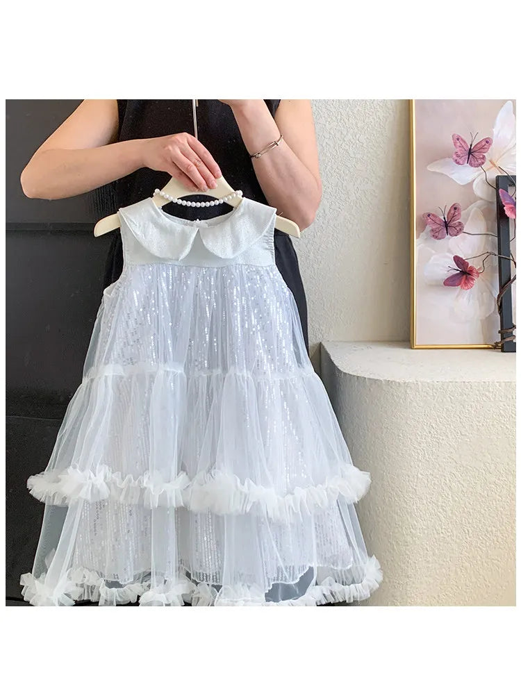 Sweet Baby Girls High-end 2026 New Summer Mesh Princess Sundress Kids Exquisite Sequin Doll Collar Tulle Ruffle Cake Formal Gown