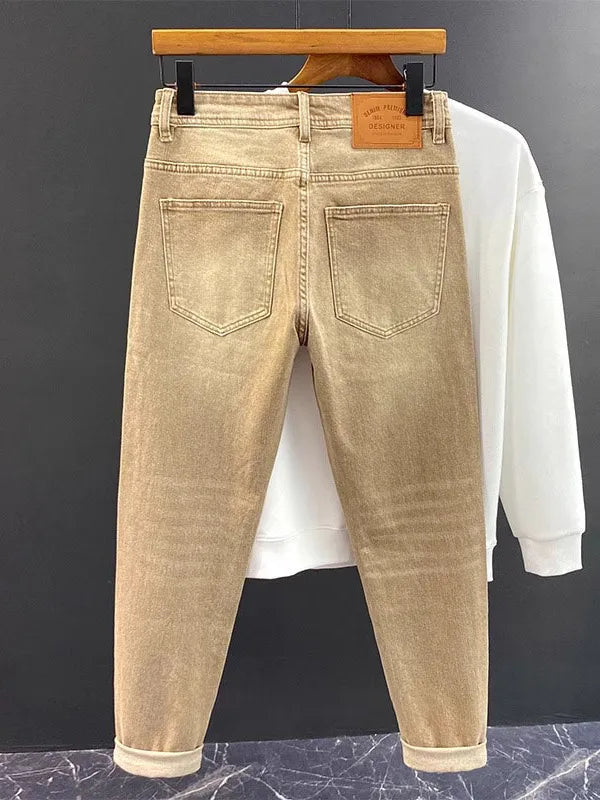 Elegant Slim Fit Men's Jeans Casual Khaki Straight Leg Elastic Fashionable City Style Summer Denim Pants Youth Wear
