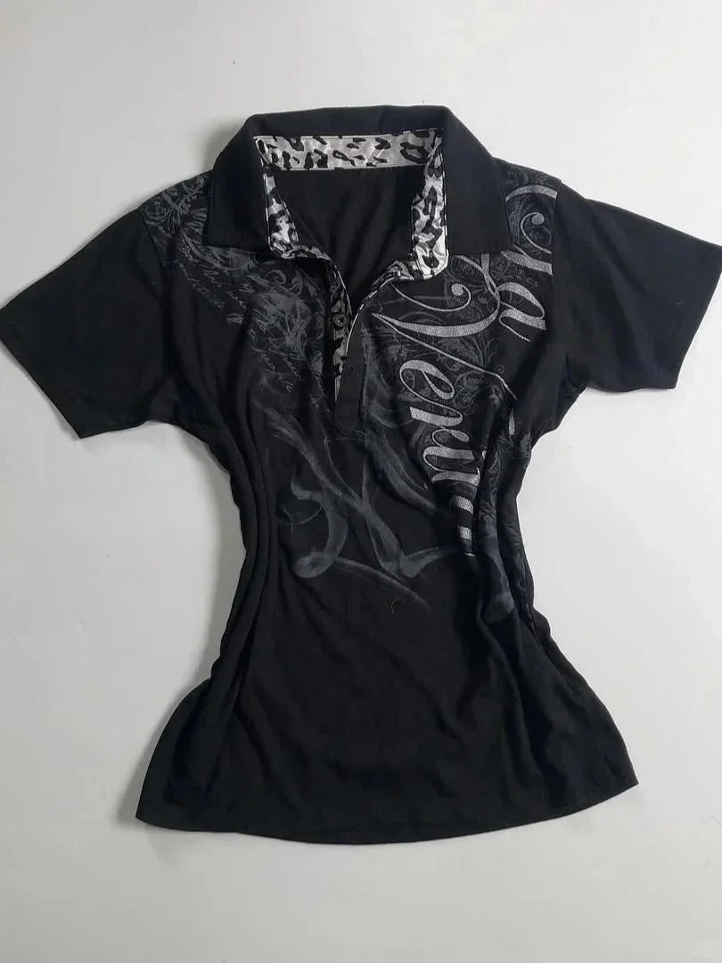 Vintage Y2k T-shirt Polo Letter Print 90s Slim Goth Punk Aesthetic Harajuku Summer Woman Clothes Streetwear Crop Top Grunge Tees