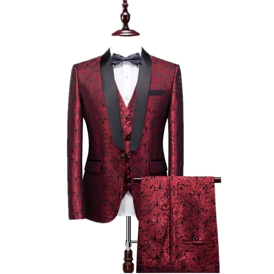 Red Men's Gentleman's Evening Tuxedo 3-Piece Suit, Suit and Vest plus Trousers, Purple, Blue, Silver Available, Asian Size M-6XL