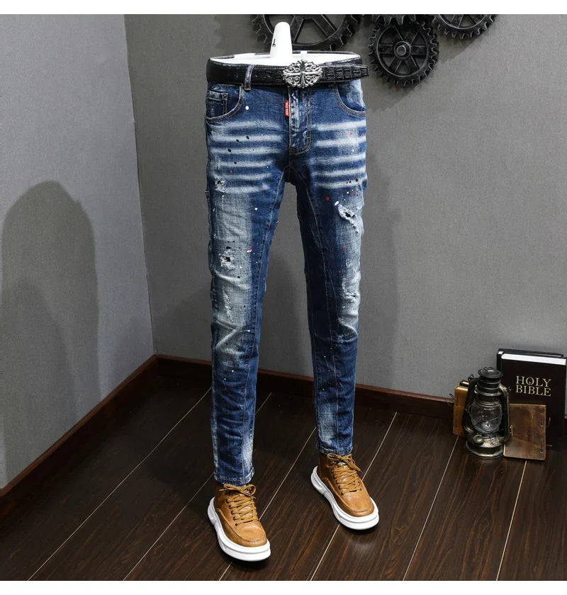 Fashion Designer Men Jeans Retro Blue Stretch Slim Fit Painted Ripped Jeans Men Korean Style Vintage Casual Denim Pants Hombre
