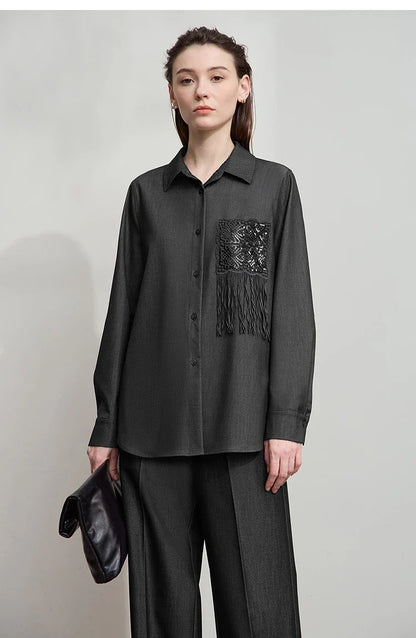 Women's Shirt 2025 Autumn New Casual Long Sleeves Women's Clothing Loose Medium And Long Tassel Elegant Ladies Tops12523124