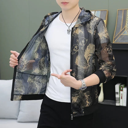 Men's Summer Mesh Sun Protection Clothing Trendy Stripe Print Ice Silk Cool Feeling Breathable Quick Dry Hooded Jacket