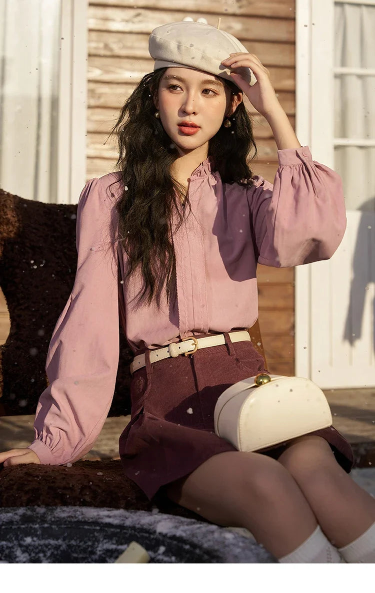 French Autumn Winter Button Up Lantern Long Sleeve Shirts Women Ruffle Neck Thick Warm Blouse Flannel Shirt MXC56X1320