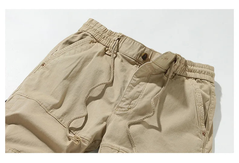 Cotton Men's Cargo Pants Elastic Waist Stretch Trouser Male Multi Pocket Casual Jogger Fit Ankle Length Zipper Purple Drawstring