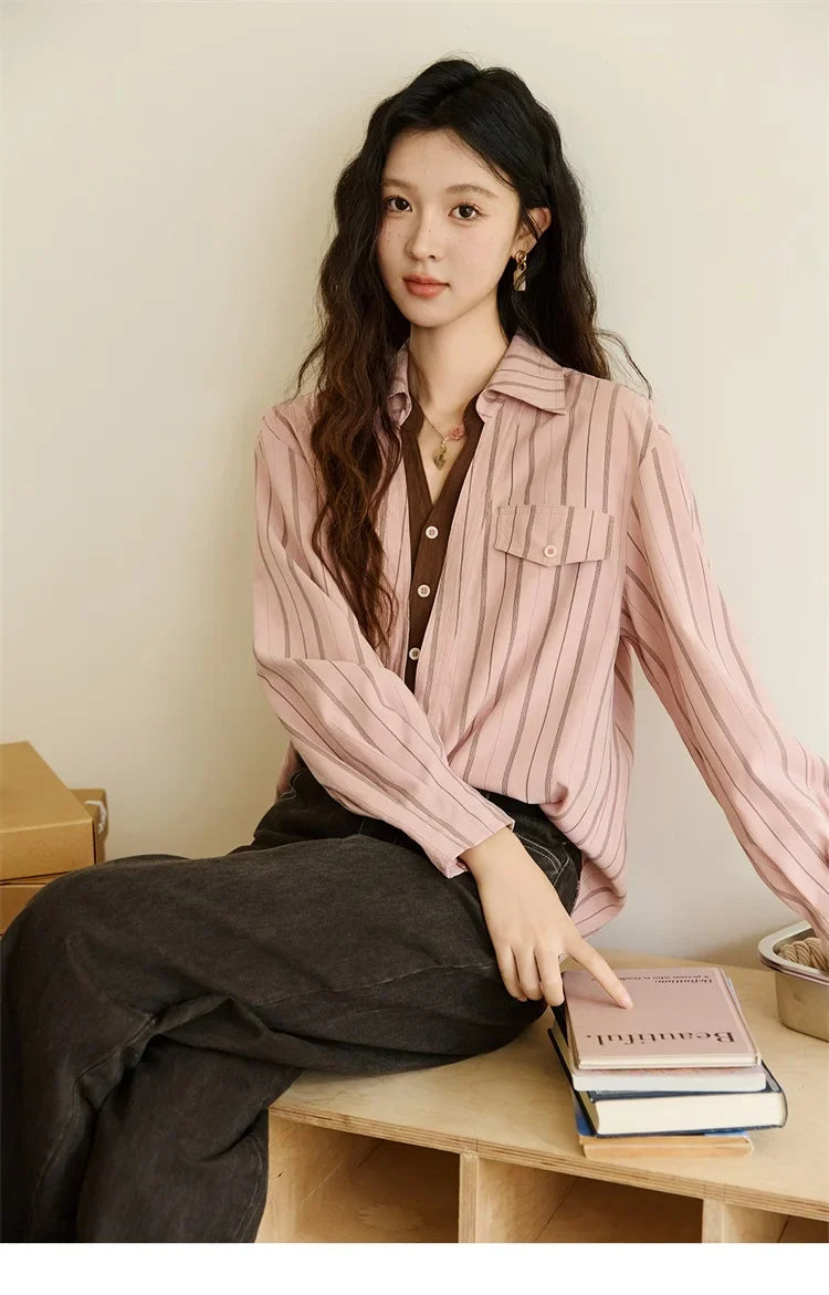 Peach Skin Velvet Stripe Shirt for Women Autumn 2025 Double Layered Collar Contrasting Color Shirt Commute Top MXE47C2408