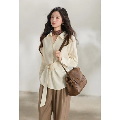 Women's Lapel Collar Long Sleeve Shirt 2026 Spring with Belted Waist Casual Loose Soft Beige Shirt Office Lady MXF13C2452
