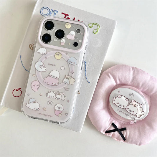 Cute Mamegoma Seal Phone Case For iPhone 17 16 15 Pro Max Plus Clear For MagSafe Shockproof Camera Lens Cover Soft Silicone Pink