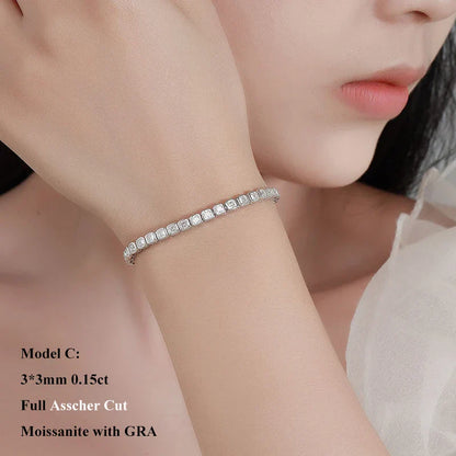 Full Asscher Cut 3x3mm 0.15CT Bezel Type Moissanite Tennis Bracelet for Women Men Party 925 Silver GRA Certified Bracelets