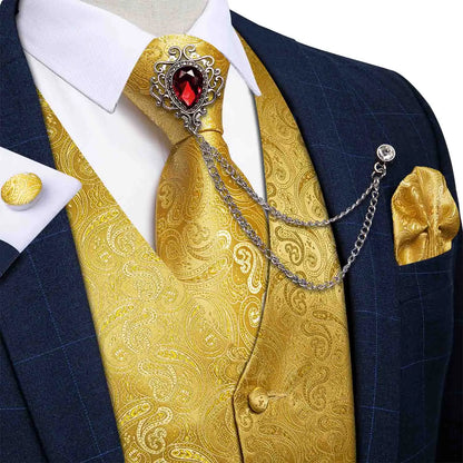 New Teal Green Paisley Formal Dress Vest Men's Suit Vest Waistcoat Tie Brooch Pocket Square Set for Tuxedo