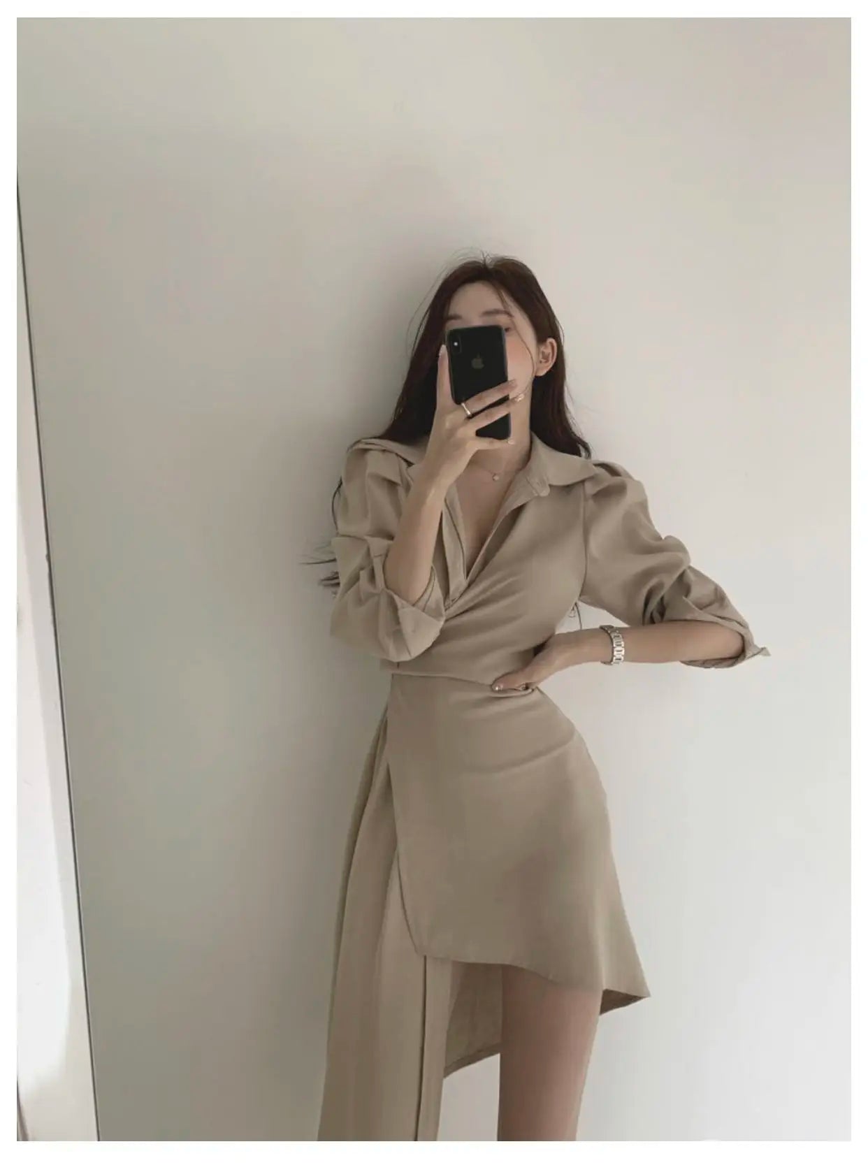 Early Autumn Shirt Dress Women's Mid-Length Asymmetrical Single-Button Notch Collar Slimming Style Commute Fashion