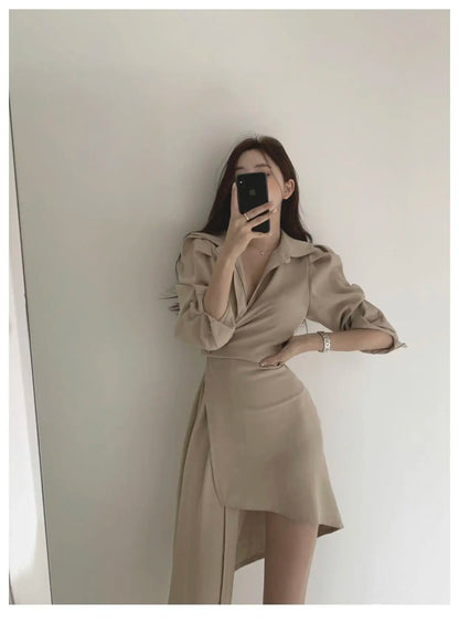Early Autumn Shirt Dress Women's Mid-Length Asymmetrical Single-Button Notch Collar Slimming Style Commute Fashion