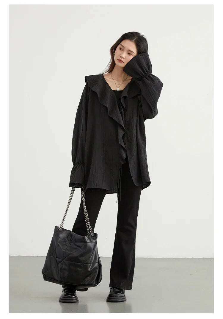 Women Shirt Loose Casual Ruffled Edges Female Blouses Solid V Neck Lace Up Mid Length Ladies Shirts Spring Summer 2026