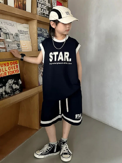 Summer Boys Alphabet Tee Top+Shorts Student Team Jerseys Workout Set School Kids 2PCS Tracksuit Children Jogging Outfit 5-16 Yr