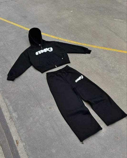 High street hip-hop letter pattern logo sportswear Harajuku retro couple casual set Gothic punk fashion hooded sweatshirt