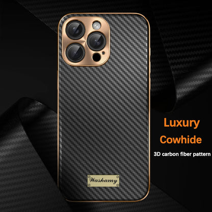Luxury Plating Leather Carbon Fiber Texture Phone Case For iPhone 17 16 15 14 13 Pro Max Plus 17Air Alloy Lens Shockproof Cover