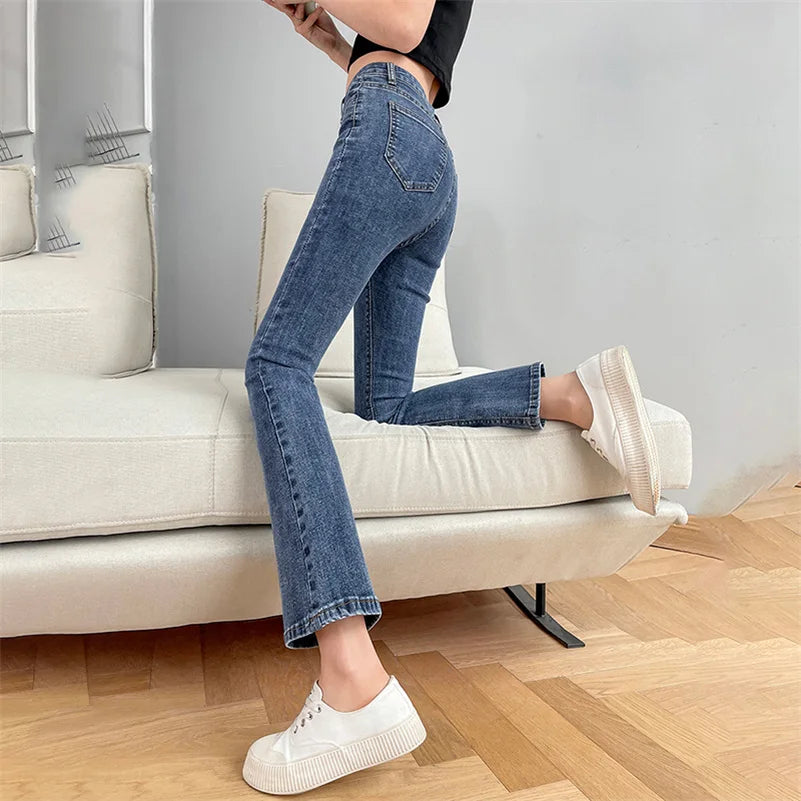 Women Fashion Flare Jeans Winter Streetwear Y2K Straight Pants Ankle Length Denim Jeans Girls Party Casual Retro Blue Trousers