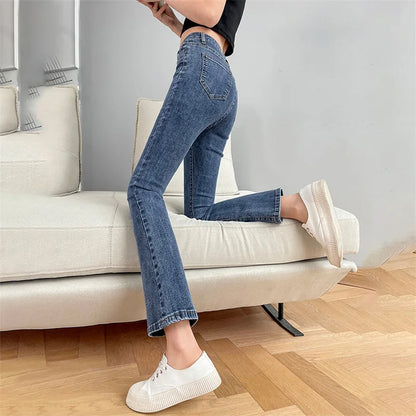 Women Fashion Flare Jeans Winter Streetwear Y2K Straight Pants Ankle Length Denim Jeans Girls Party Casual Retro Blue Trousers