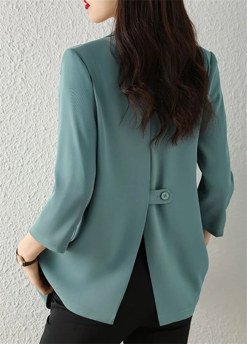 Women Solid Blazers Coat Fashion Slim Suits Female Casual Three-Quarter Sleeve Chic Tops Thin Office Lady Blazer Spring Summer