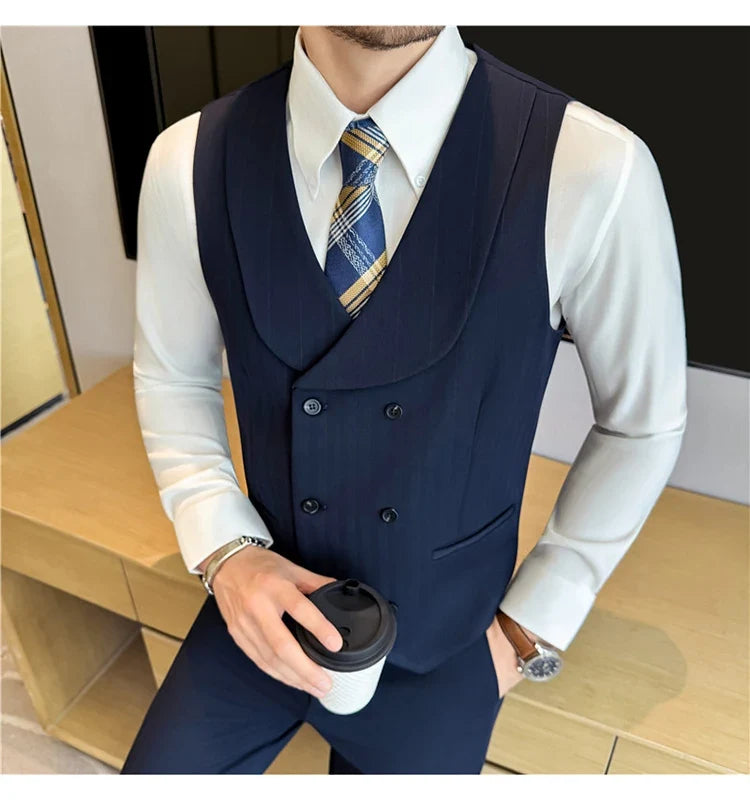 ( Vest+Pants) Autumn Winter Thicken Wool Striped Suit Vest 2 pieces Men Fashion Slim Fit Business Casual Wedding Dress Vest Sets