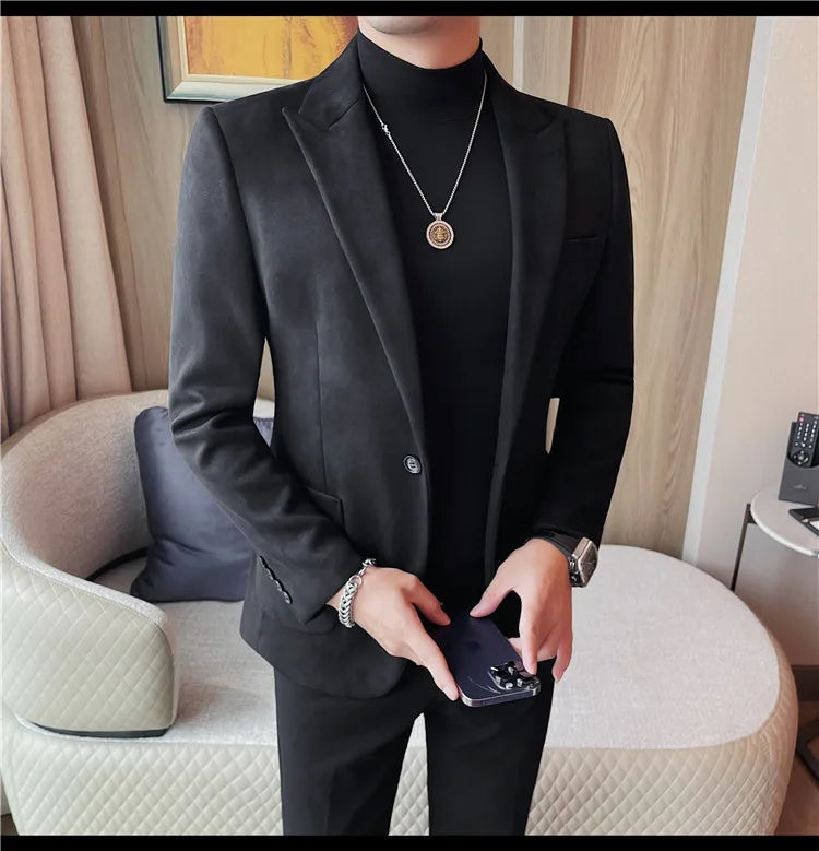 Classics Autumn Winter Suede Suit Jackets Fashion New Solid Slim Fit Business Office Social Blazer Wedding Top Mens Clothing 4XL