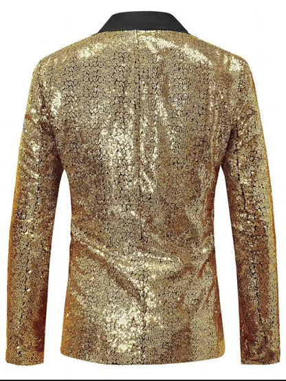 Shiny Sequin Tuxedo Jacket for Men - Royal Blue & Gold Gradient, Black Lapel, Formal Party/Wedding/Stage Wear‌ Coat.