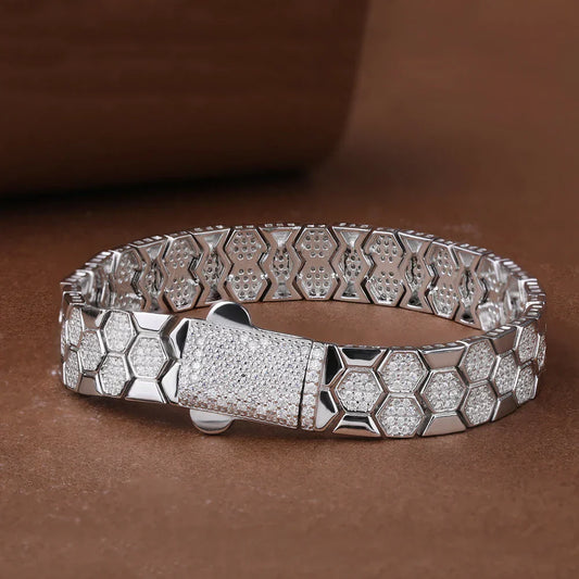 Bracelets originaux en moissanite nid d'abeille et diamants pour femmes et hommes, en argent sterling 925, bracelet de tennis à bord large, chaîne de poignet
