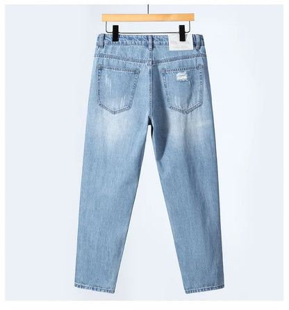 Summer Thin Ripped Jeans Mens Straight Breathable Washed Denim Trousers Casual Streetwear Harlen Ankle Length Pants Light Blue