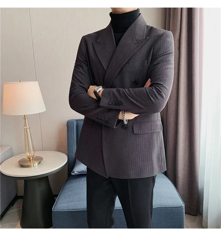 Classic Luxury Striped Men Suit Jacket Fashion Double Breasted Business Office Wedding Tuxedos Male High Quality Slim Fit Blazer