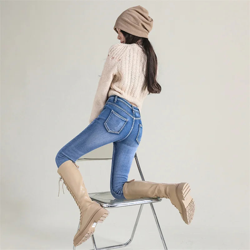 2023 Fashion Women Stretch High Waist Pencil Pants Casual Female Velvet Jeans High Quality Fleece Mom Jeans Thick Plush Pants