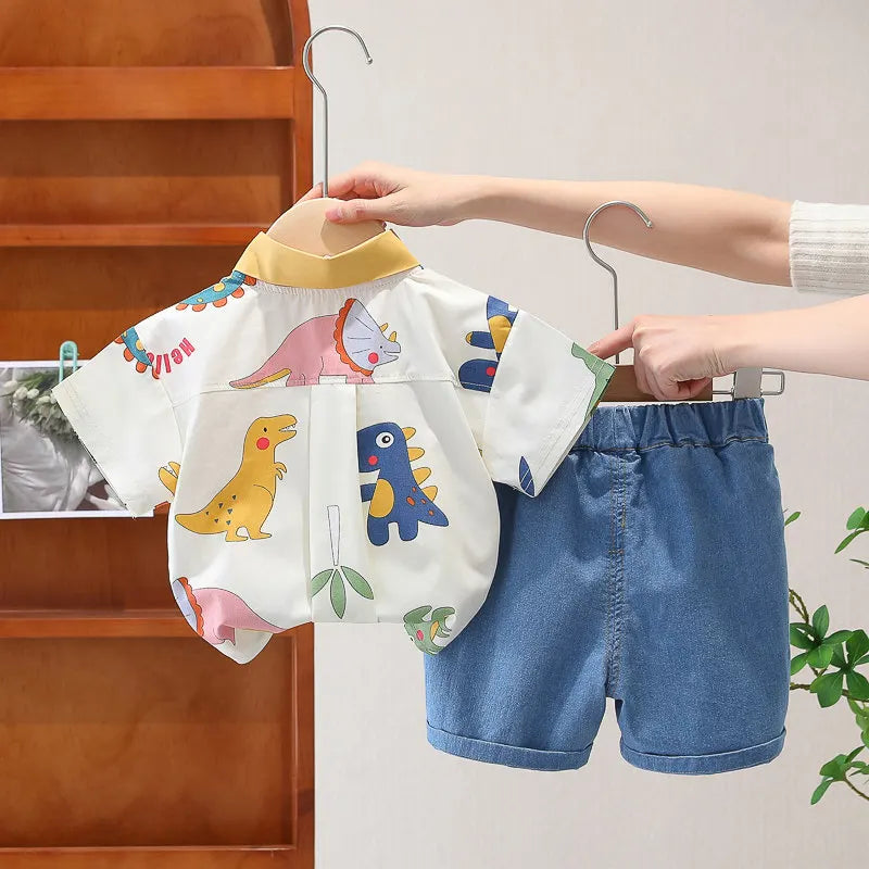 Cotton Clothes Kids Boy Summer Children Print Dinosaur Shirts Denim Shorts 2Pcs/Set Kids Fashion Toddler Tracksuits 0-5 Years