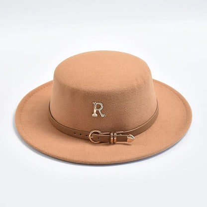 New Metal R Letter Fedora Hat for Women Fashionable Winter Flat Top Wedding Church Bowler Cap Females Elegant Holidays Hat
