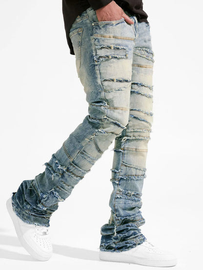 Straight Pant Men Jeans Denim Pants Slim Fit Irregular Folds Tassel Splice Simple Button Pocket High Street Trousers Spring
