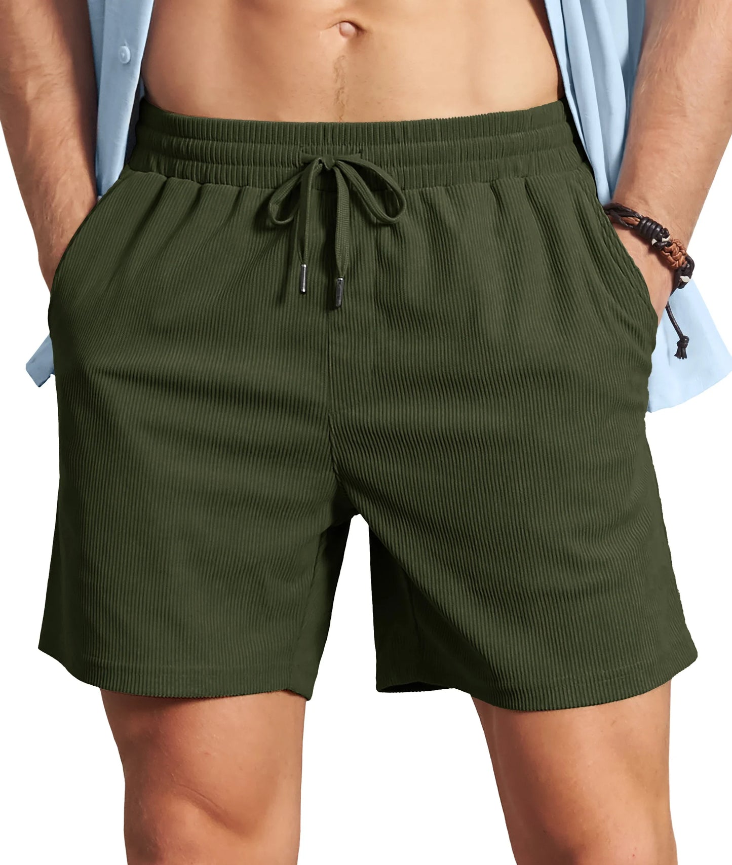 Men's Corduroy Texture Casual Shorts 6" Inseam for Summer Beach Vacation Elastic Waist Drawstring Lightweight Pockets