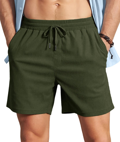 Men's Corduroy Texture Casual Shorts 6" Inseam for Summer Beach Vacation Elastic Waist Drawstring Lightweight Pockets