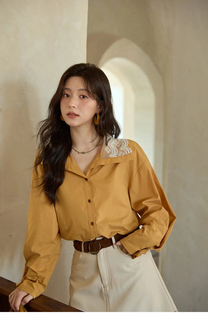 Autumn Solid Cotton Shirt Autumn V-neck Double-layer Lace Retro Design Shirts Single Breasted Tops Office Lady MXE41C2366