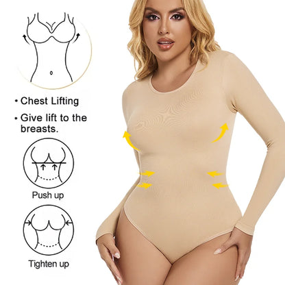 Women Full Body Shaper Long Sleeve Round Neck Shapewear Slimming Breathable Bodysuit Tummy Control Waist Trainer Corset