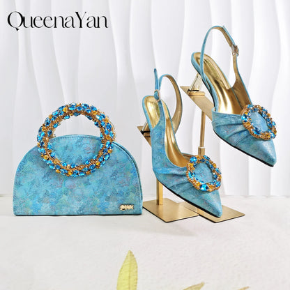 European and American high-end women's shoes with garland diamond clutches, pointed shoes Nigerian wedding shoes and bag