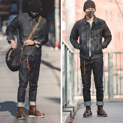 Vintage Raw Denim Jeans for Men 14.8 OZ Jeans Denim Washed Straight Tapered Fit Pants Mid Waist Casual Trousers